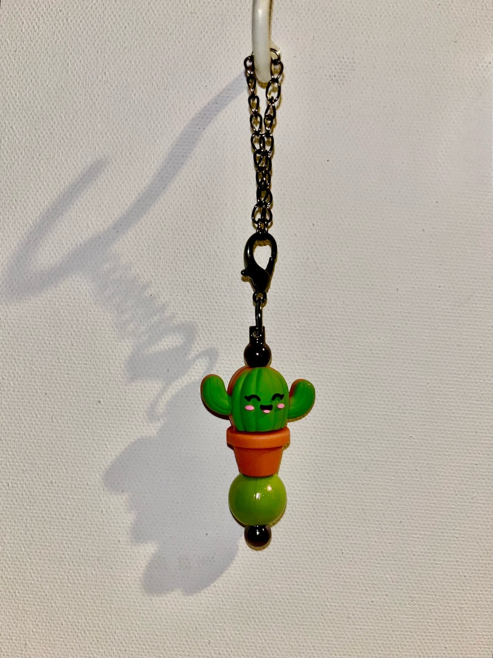 Cute Smiley Green Cactus in a Planter Cup Charm w/Green Iridescent Accent Bead